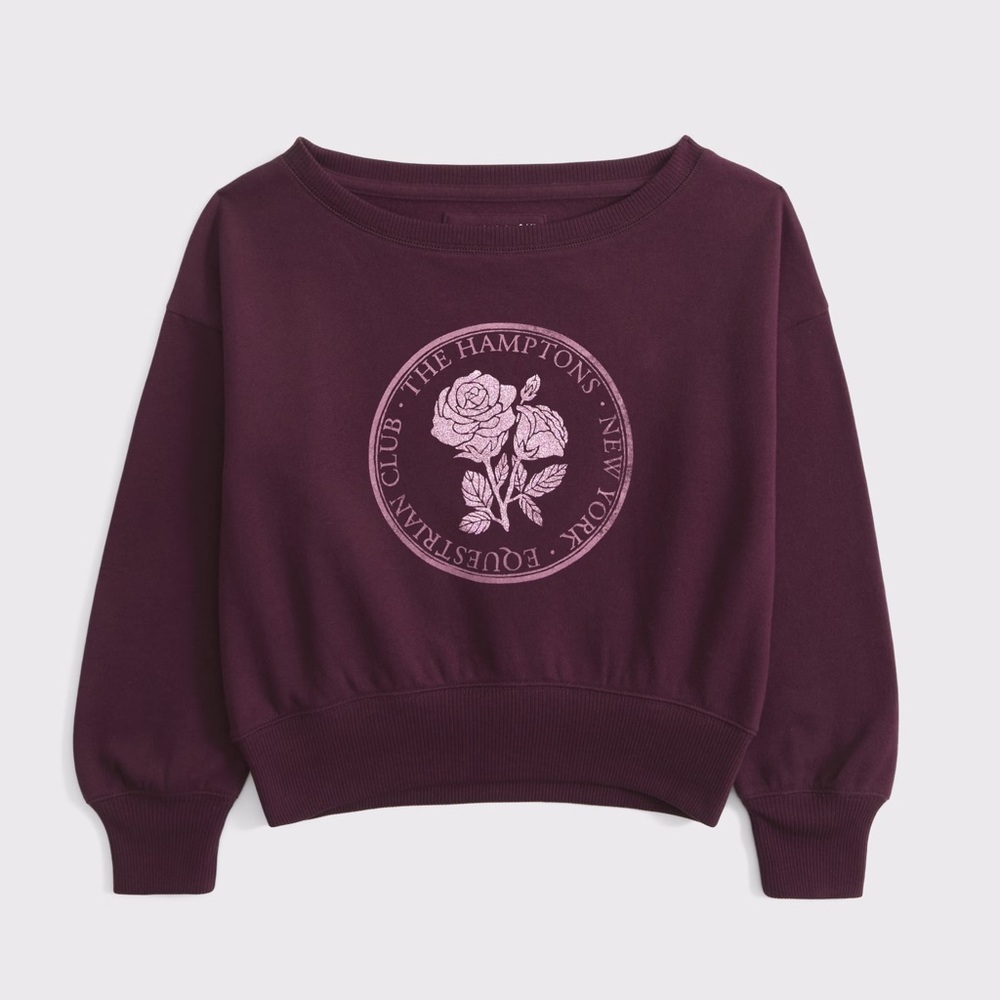Abercrombie Kids Deep Plum Off the Shoulder Graphic Sweatshirt NWT YOUTH 13/14